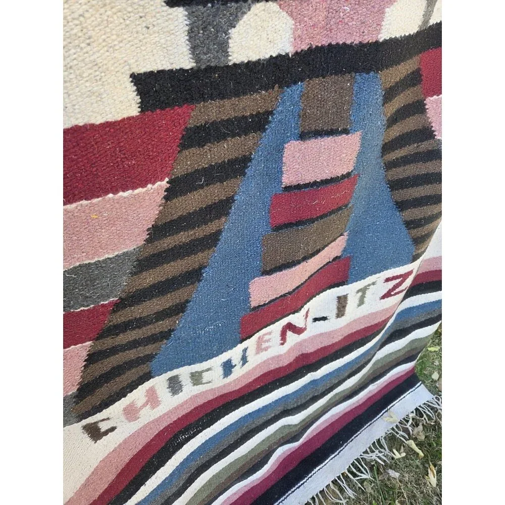 Vintage Handwoven Mexican Sherpa Blanket Tapestry Rug Chichen Itza 44x76 Aztec‎